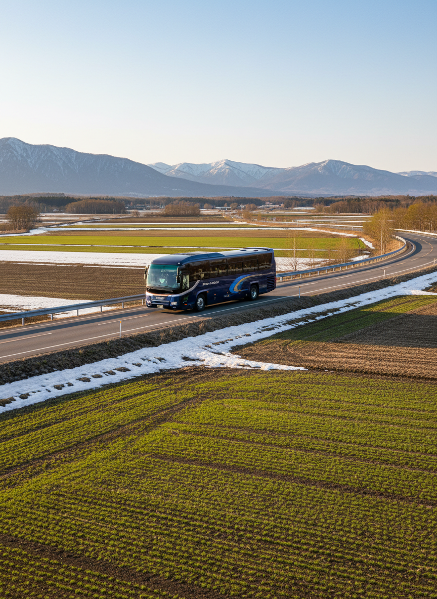 A springtime roadside in Hokkaido with a modern tour bus traveling along a gently curving asphalt road, captured in motion blur on its wheels while the body remains crisp. The bus is dark blue with subtle corporate markings, moving past fields with early green growth and patches of melting snow. In the background, low mountains with lingering snowcaps rise under a clear, pale blue sky. Late afternoon sunlight gives a warm, golden tone to the scene, with soft shadows cast by roadside guardrails and trees. Shot from a slightly elevated angle with a long lens, the photographic composition emphasizes smooth, safe motion, open space, and the freedom of scenic travel.