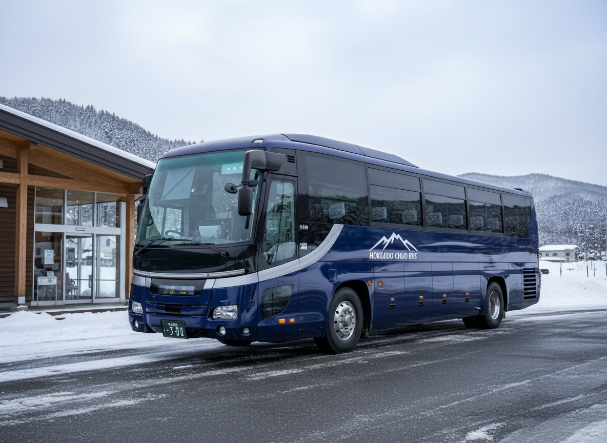 A sleek, dark blue highway tour bus with the discreet white logo of a Hokkaido-based passenger transport company on its side, parked neatly in front of a small, snow-dusted terminal building in Chitose. The bus’s polished bodywork reflects the pale winter sky and distant conifer-covered hills. Soft, diffused daylight from an overcast sky creates gentle reflections on the windows and subtle shadows beneath the chassis. Shot at eye level with a slight three-quarter angle, the composition emphasizes reliability and scale while keeping the background softly blurred. The photographic realism, clean lines, and calm atmosphere convey professional, safe tourism and charter services in northern Japan.