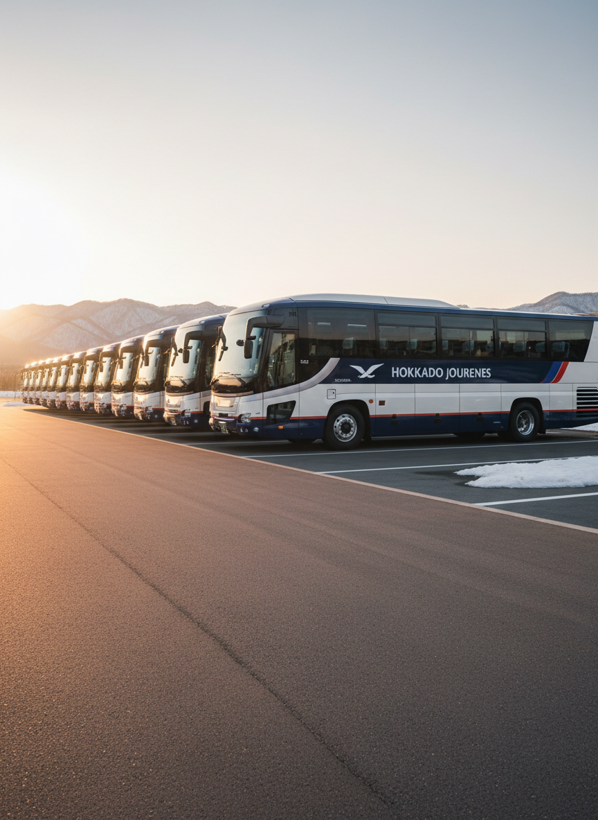 A row of immaculately clean tour buses in matching corporate colors of deep navy and white, aligned precisely in a paved depot in Chitose, Hokkaido. The ground is dry but framed by small patches of remaining snow at the edges, and distant low mountains line the horizon. Late afternoon golden light washes across the buses, creating warm highlights on their glossy sides and long, soft shadows stretching across the parking area. Captured from a slightly low angle with strong linear perspective, the composition leads the eye along the row of vehicles, conveying scale, readiness, and reliability. The photographic realism and clear, crisp atmosphere project a professional, trustworthy transport company.