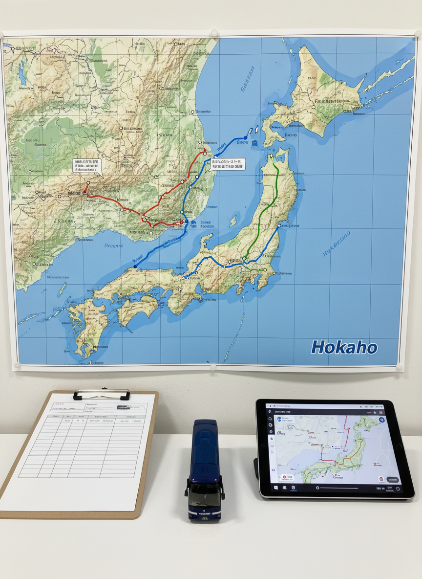 A large wall map of Hokkaido mounted in a tidy dispatch office, with carefully drawn route lines in different colors tracing from Chitose to major sightseeing destinations such as Sapporo, Otaru, and Furano. On a neat white desk below, a miniature navy tour bus model, a clipboard with a printed schedule, and a digital tablet showing a route planning app rest in organized alignment. Soft overhead office lighting provides even illumination, with subtle reflections on the tablet screen and faint shadows under stationery. Photographed from a slightly elevated angle with sharp focus throughout, the composition feels professional and methodical. The photographic style emphasizes organization, safety, and thoughtful planning for charter and sightseeing operations.