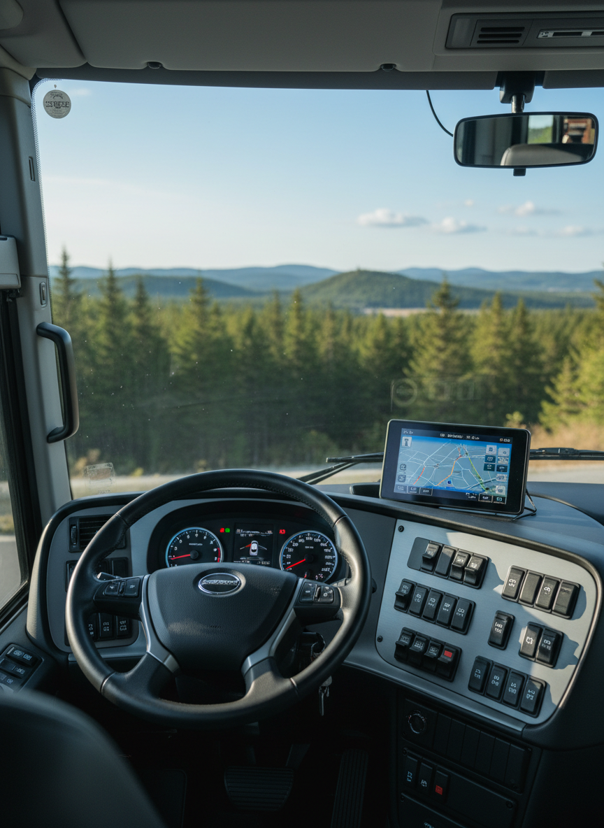A close-up, wide-angle view of a modern charter bus dashboard, featuring a meticulously maintained steering wheel, digital display panels, and neatly arranged control switches with Japanese labels. The interior surfaces are matte black and brushed metal, with soft blue indicator lights glowing. Outside the large front windshield, a blurred Hokkaido landscape of forests and low hills stretches under clear skies. Gentle afternoon sunlight streams through the glass, highlighting the textures of the materials and casting crisp but soft shadows. The photographic composition is centered on the wheel and instruments, with shallow depth of field to suggest focus and precision. The mood is professional, organized, and reassuring, emphasizing safe, careful operation.