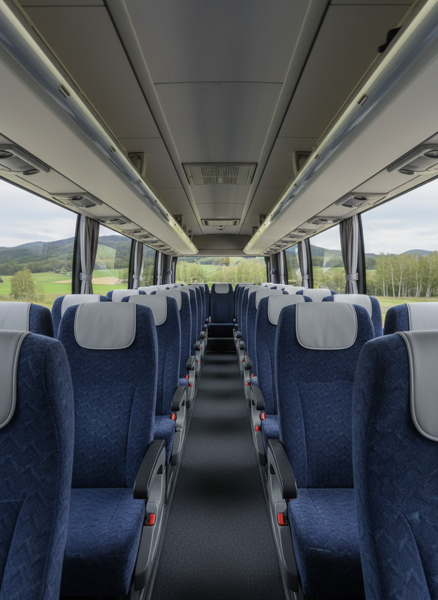 A detailed interior shot of a premium charter coach, showing rows of high-backed seats upholstered in dark navy fabric with subtle geometric patterns and contrasting light gray headrests. Each seat has armrests neatly folded down and overhead luggage racks with closed, sleek covers. Large side windows reveal a softly blurred view of Hokkaido countryside: gentle hills, scattered trees, and a pale blue sky. Soft, even daylight fills the cabin, minimizing harsh shadows and giving a calm, spacious feel. Photographed from the front looking down the aisle with moderate depth of field, the composition suggests order, comfort, and safety. The photographic style is clean and modern, ideal for a professional tourism transport service.