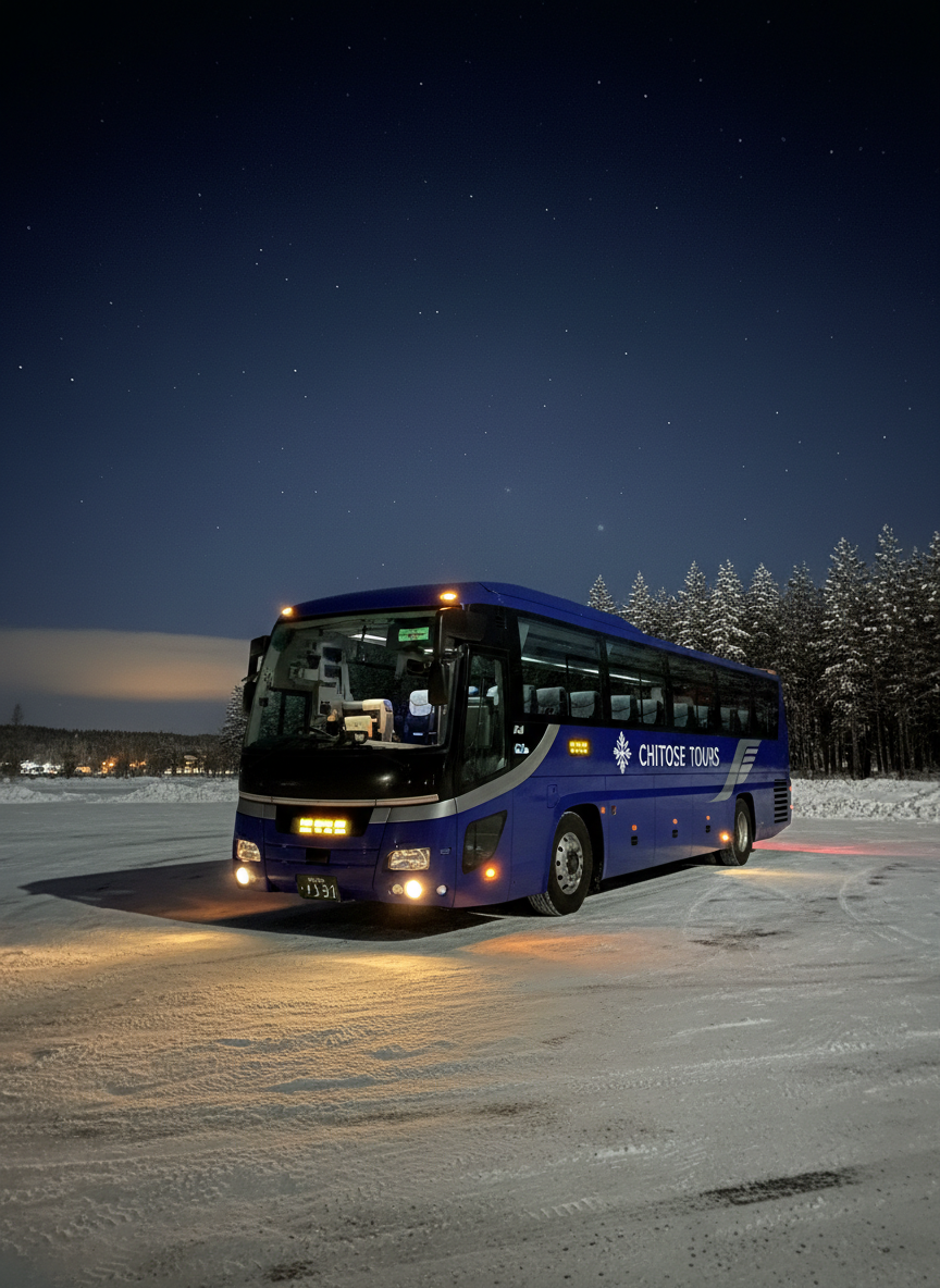 A night-time scene of a single tour bus from a Chitose-based company, captured in a rest area parking lot under clear winter skies. The bus’s headlights and discreet side marker lights cast a soft pool of warm light on the asphalt, revealing a light dusting of snow around the edges. In the distance, low, dark silhouettes of Hokkaido pines fade into the night, while the faint glow of a town sits on the horizon. The bus exterior is deep blue with subtle branding, its windows reflecting tiny points of light. Shot from a three-quarter angle with a balanced composition and photographic realism, the image conveys quiet reliability, safe night driving, and a calm, secure atmosphere for long-distance travel.